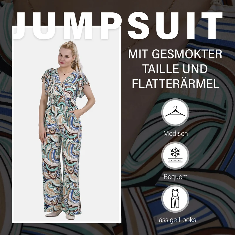 Jumpsuit mit gesmokter Taille und Flatterärmel, 70's