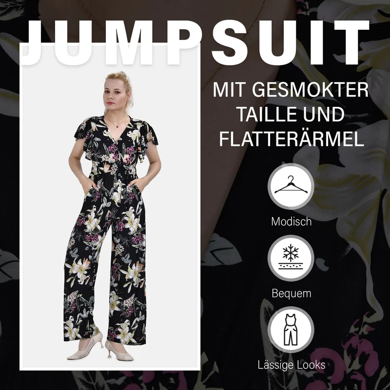 Jumpsuit mit gesmokter Taille und Flatterärmel, 70's