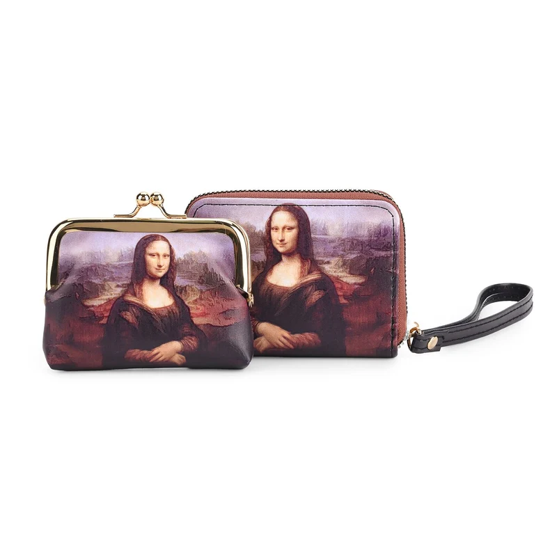 2-in-1-Geldbörse mit Mona-Lisa-Motiv, 11x5x8 cm, Braun