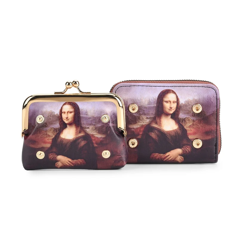 2-in-1-Geldbörse mit Mona-Lisa-Motiv, 11x5x8 cm, Braun