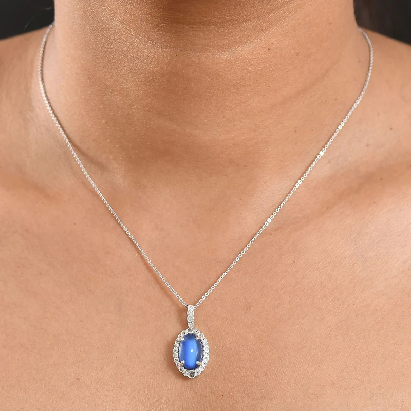 D'Joy Aurora Mondstein, Weißer Zirkon Anhänger mit Kette, ca. 50 cm 925 Silber rhodiniert ca. 4.18 ct