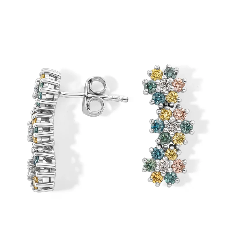 LUXURIANT 1,52 ct. SGL zertifizierte SI-GH mehrfarbige Labor Diamant florale Ohrringe, 925 Silber rhodiniert