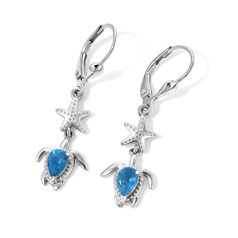 D'Joy Neon Apatit Ohrringe mit Schildkröten- und Seesternmotiven, 925 Silber platiniert - 0,87 ct.