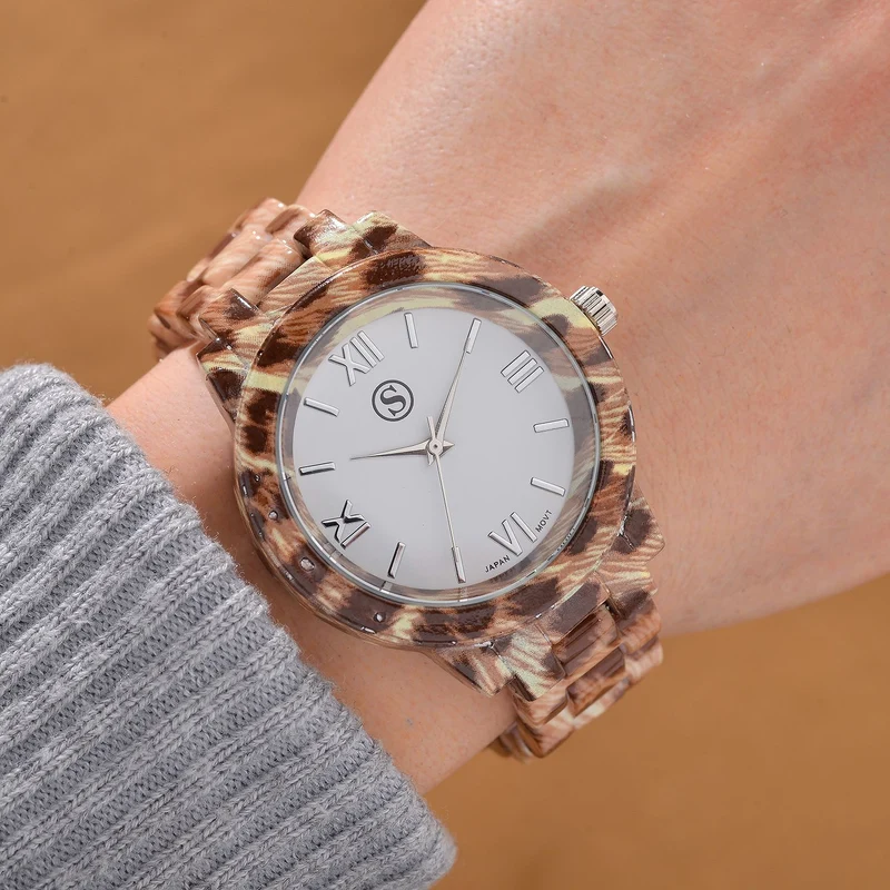 6er Set - gefertigt aus Harz: 5 Armbänder und Leopardenmuster Uhr, vergoldet
