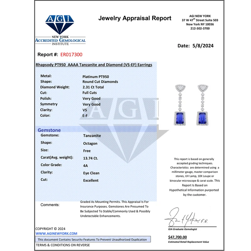 CHAIRMAN VAULT COLLECTION - AAAA Tansanit, Weißer Diamant AGI zertifiziert Ohrringe, zertifiziert und geprüft, 950 Platin (10-15 Werktage Lieferzeit) ca. 16.06 ct