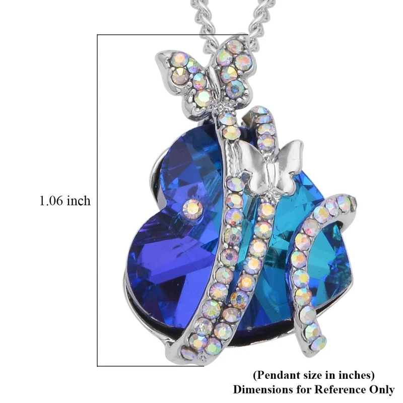 Herzdesign mit Schmetterling, Anhänger mit Kette, AB-Kristallen und Glasherz (20 mm), ca. 50 cm, silberfarben