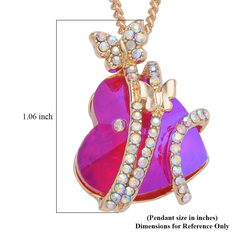 Herzdesign mit Schmetterling, Anhänger mit Kette, AB-Kristallen und Glasherz (20 mm), ca. 50 cm, silberfarben