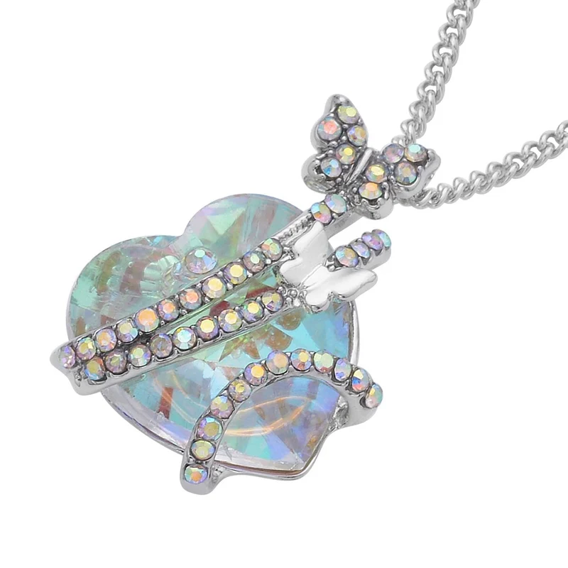 Herzdesign mit Schmetterling, Anhänger mit Kette, AB-Kristallen und Glasherz (20 mm), ca. 50 cm, silberfarben