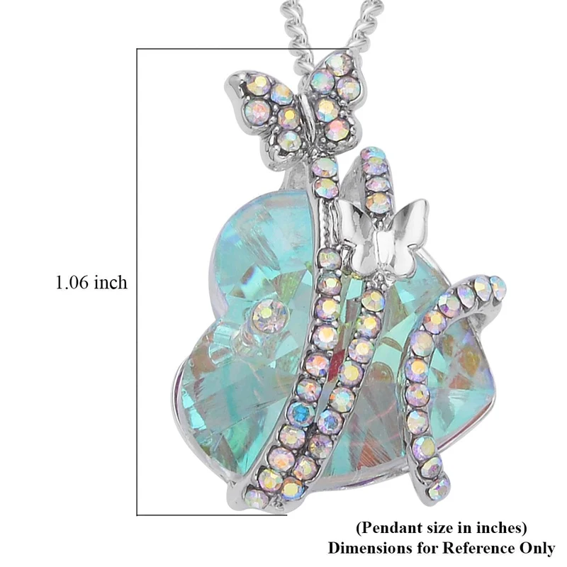 Herzdesign mit Schmetterling, Anhänger mit Kette, AB-Kristallen und Glasherz (20 mm), ca. 50 cm, silberfarben