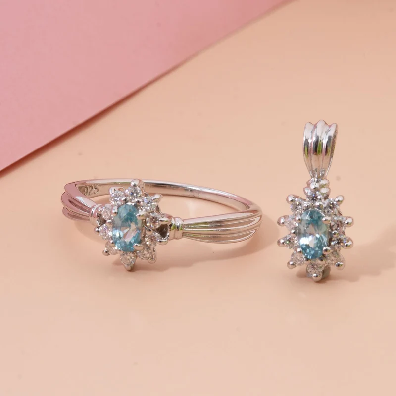 2er Set - AA Blauer Zirkon Anhänger und Ring, Größe (21.00), 925 Silber rhodiniert ca. 1.14 ct