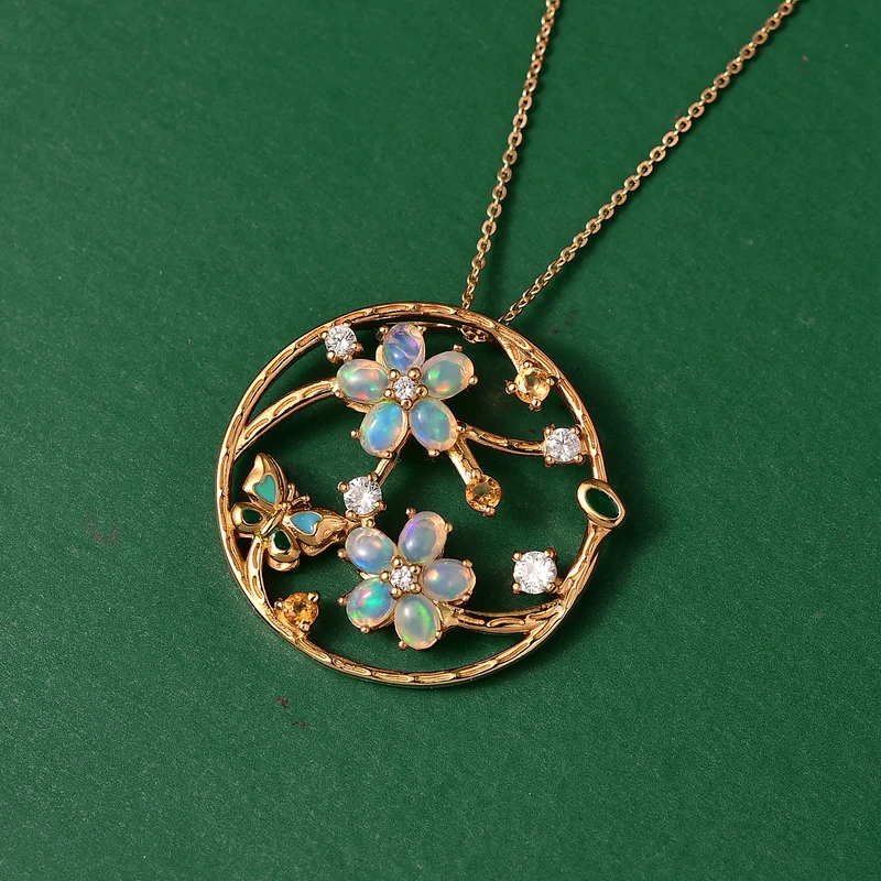 GP Italienische Garten Kollektion - AA Natürlicher, äthiopischer Welo Opal, Citrin, Kanchanaburi Blauer Saphir Schmuckset ca. 50 cm 925 Silber 750 Gelbgold Vermeil ca. 1.85 ct