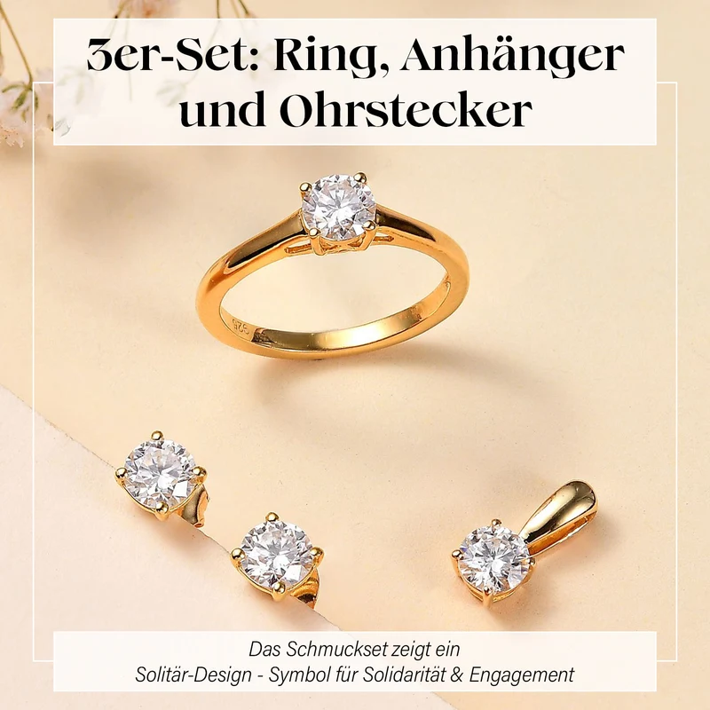 Moissanit Schmuckset 925 Silber 750 Gelbgold Vermeil ca. 1,77 ct.