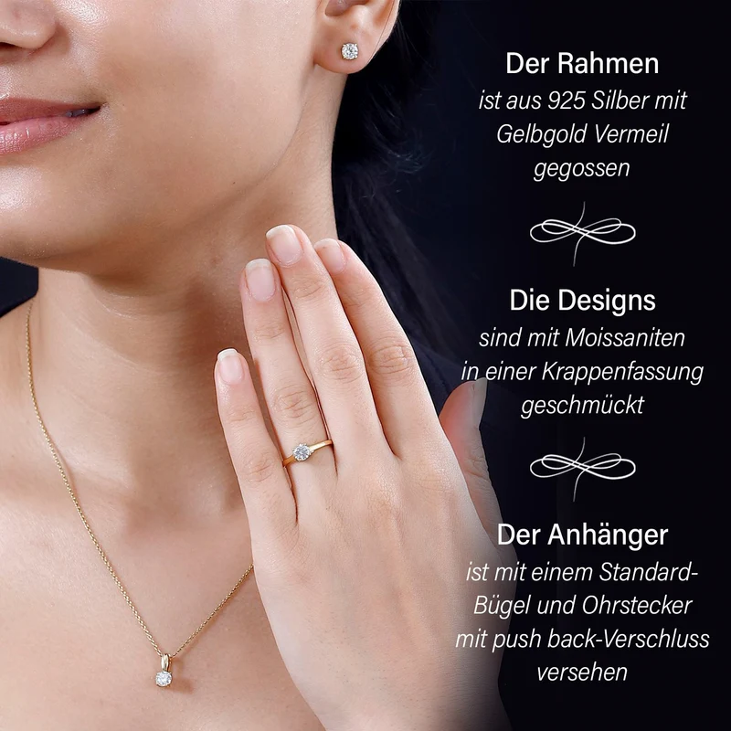 Moissanit Schmuckset 925 Silber 750 Gelbgold Vermeil ca. 1,77 ct.