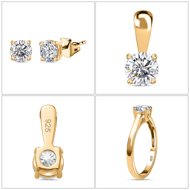 Moissanit Schmuckset 925 Silber 750 Gelbgold Vermeil ca. 1,77 ct.