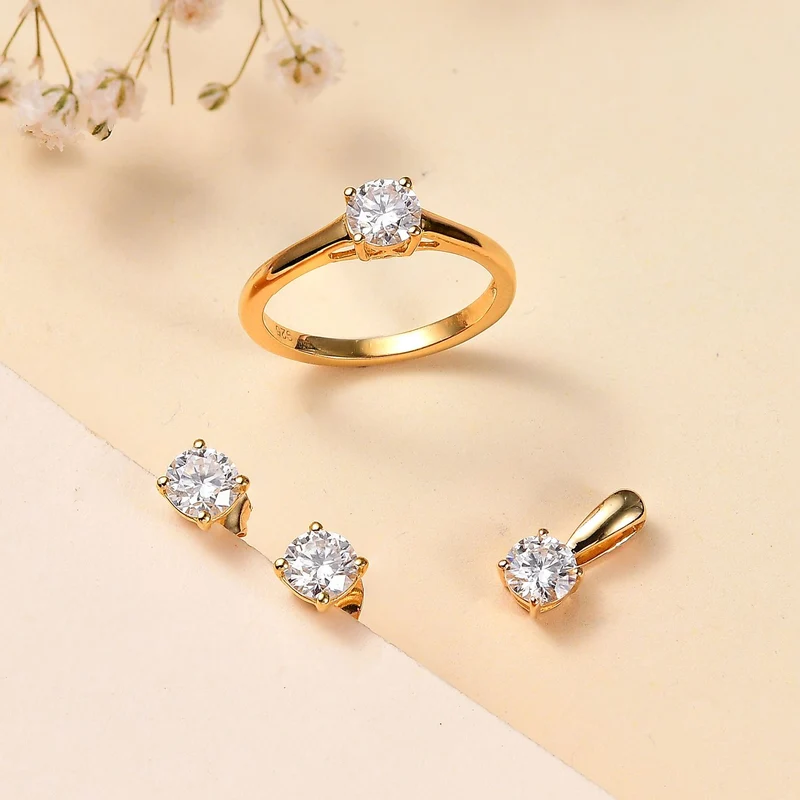 Moissanit Schmuckset 925 Silber 750 Gelbgold Vermeil ca. 1,77 ct.