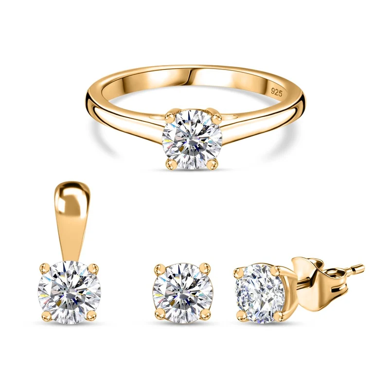 Moissanit Schmuckset 925 Silber 750 Gelbgold Vermeil ca. 1,77 ct.