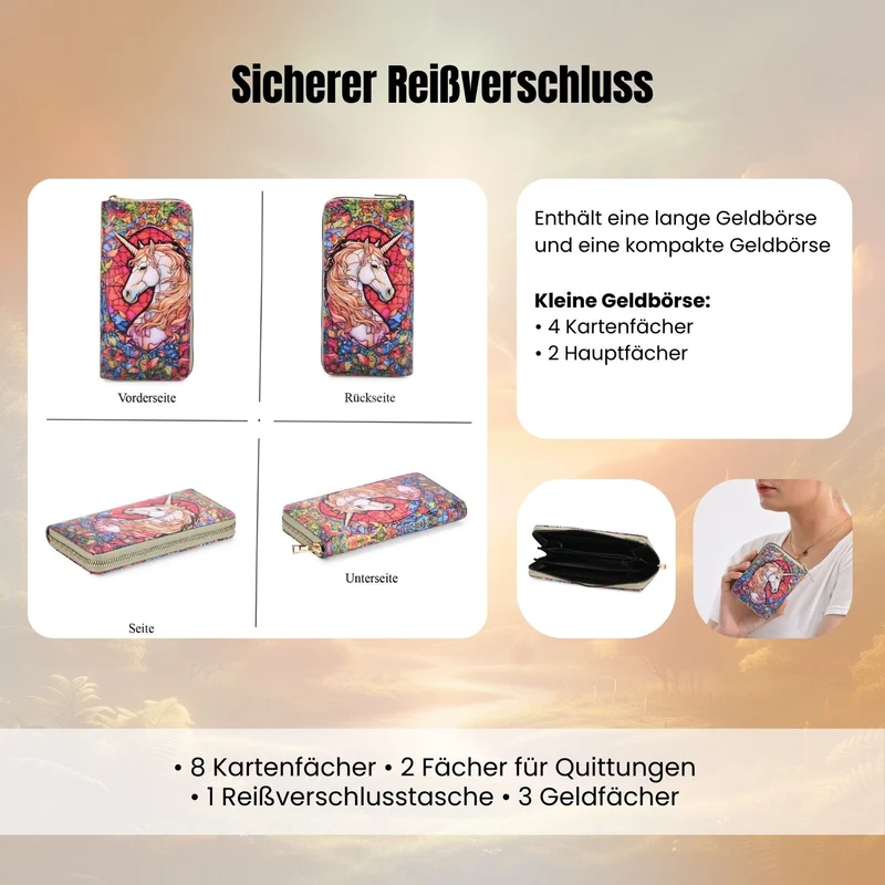 2-teiliges Geldbörsen-Set mit Einhornmuster, ca. 18x2,5x10 cm und 11x2,5x9 cm