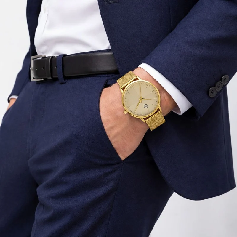 STRADA Armbanduhr, zweifarbiges Sonnenschliff Zifferblatt, goldfarben, 316L Edelstahl Mesharmband