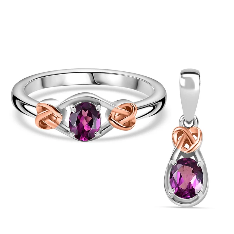 2er Set - AAA Natürlicher Radiant Ember Garnet Ring und Anhänger, Größe (19.00), 925 Silber rhodiniert ca. 0.92 ct