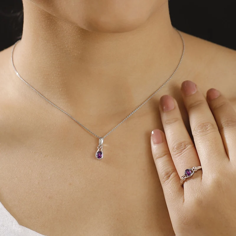 2er Set - AAA Natürlicher Radiant Ember Garnet Ring und Anhänger, Größe (19.00), 925 Silber rhodiniert ca. 0.92 ct
