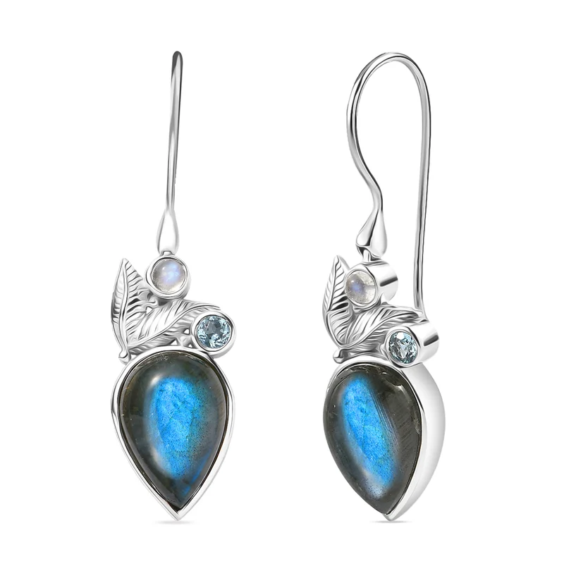 Sajen Silber - AAA Labradorit, Regenbogen Mondstein, Schweizer Blautopas Ohrringe 925 Silber rhodiniert ca. 10.40 ct