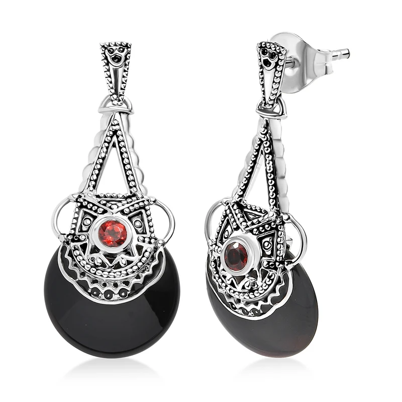 Sajen Silber - Schwarzer Onyx, Roter Granat Ohrringe 925 Silber rhodiniert ca. 11.30 ct