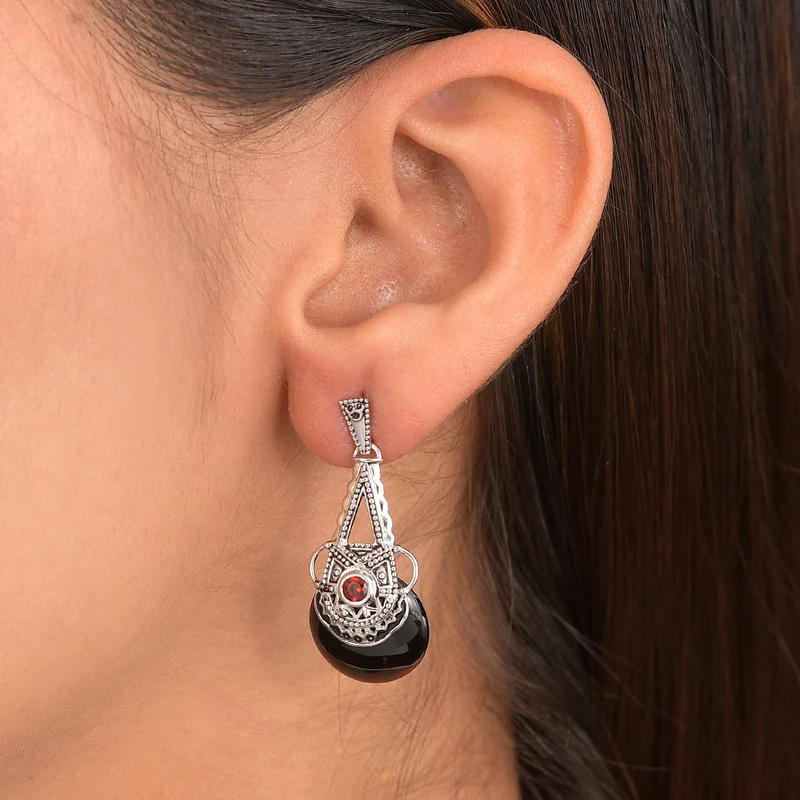 Sajen Silber - Schwarzer Onyx, Roter Granat Ohrringe 925 Silber rhodiniert ca. 11.30 ct