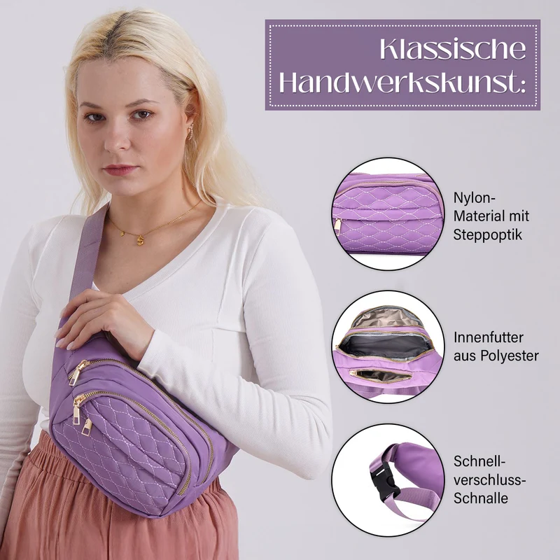 Gesteppte Nylon-Gürteltasche - RFID-Schutz, 4 Außenfächer, verstellbarer Schultergurt, 36?x?4?x13?cm, Grau