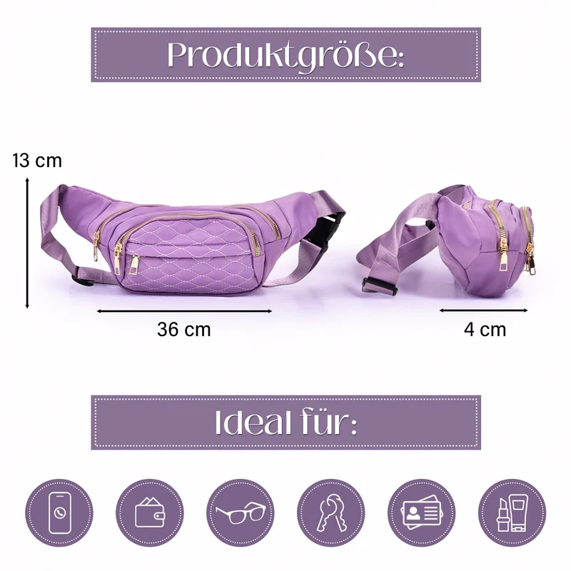 Gesteppte Nylon-Gürteltasche - RFID-Schutz, 4 Außenfächer, verstellbarer Schultergurt, 36?x?4?x13?cm, Grau