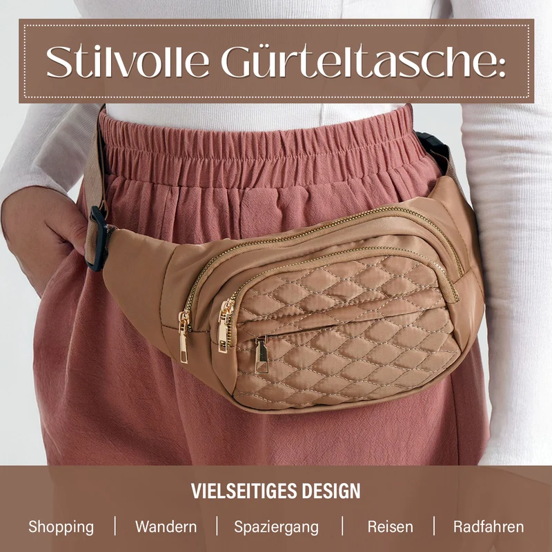 Gesteppte Nylon-Gürteltasche - RFID-Schutz, 4 Außenfächer, verstellbarer Schultergurt, 36?x?4?x13?cm, Grau