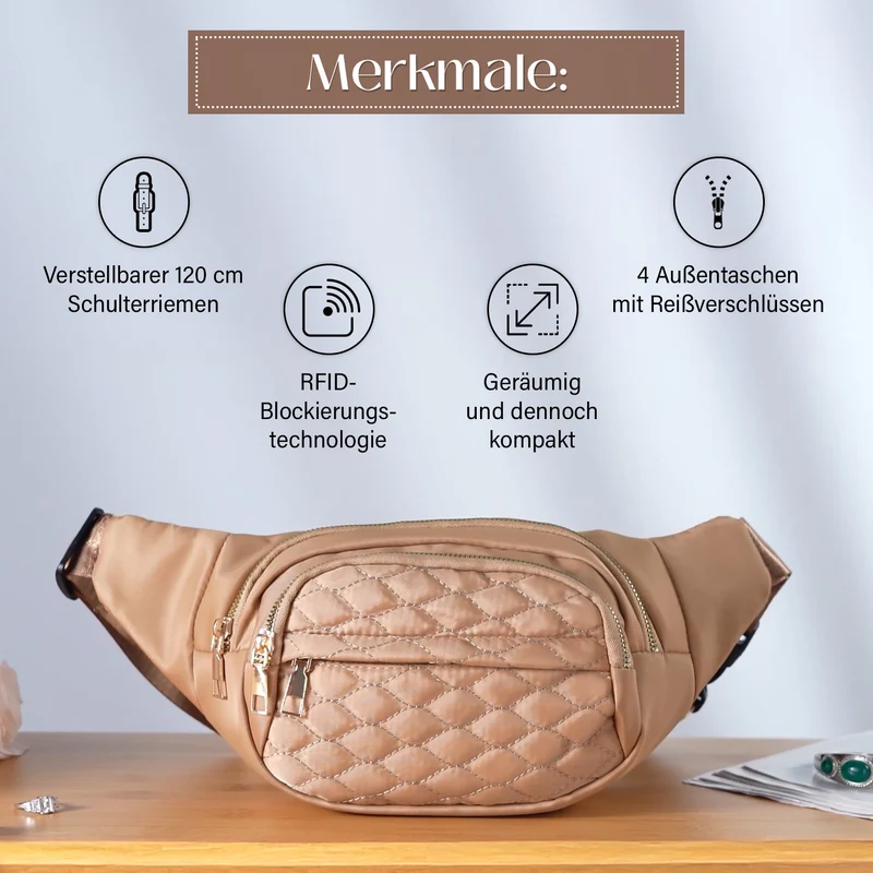 Gesteppte Nylon-Gürteltasche - RFID-Schutz, 4 Außenfächer, verstellbarer Schultergurt, 36?x?4?x13?cm, Grau