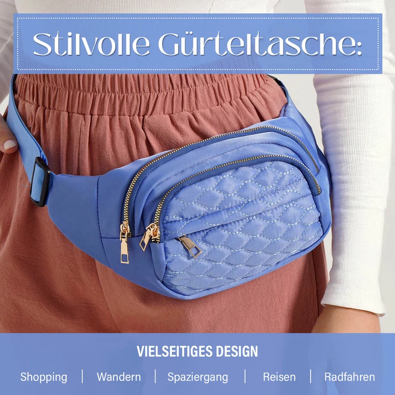 Gesteppte Nylon-Gürteltasche - RFID-Schutz, 4 Außenfächer, verstellbarer Schultergurt, 36?x?4?x13?cm, Grau