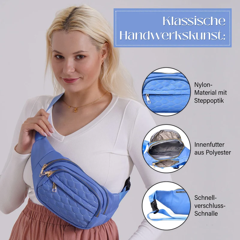 Gesteppte Nylon-Gürteltasche - RFID-Schutz, 4 Außenfächer, verstellbarer Schultergurt, 36?x?4?x13?cm, Grau