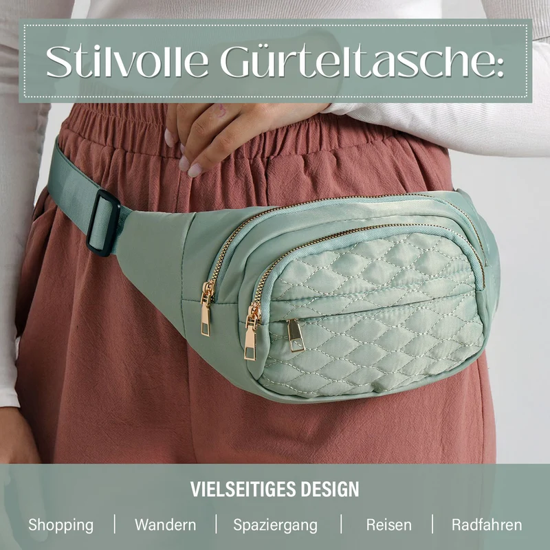 Gesteppte Nylon-Gürteltasche - RFID-Schutz, 4 Außenfächer, verstellbarer Schultergurt, 36?x?4?x13?cm, Grau