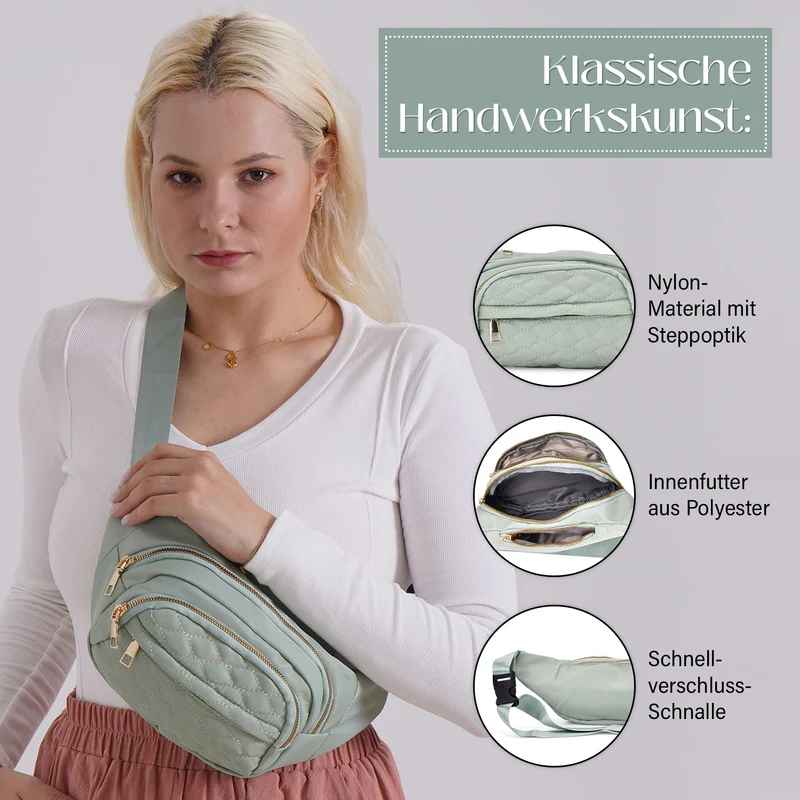 Gesteppte Nylon-Gürteltasche - RFID-Schutz, 4 Außenfächer, verstellbarer Schultergurt, 36?x?4?x13?cm, Grau