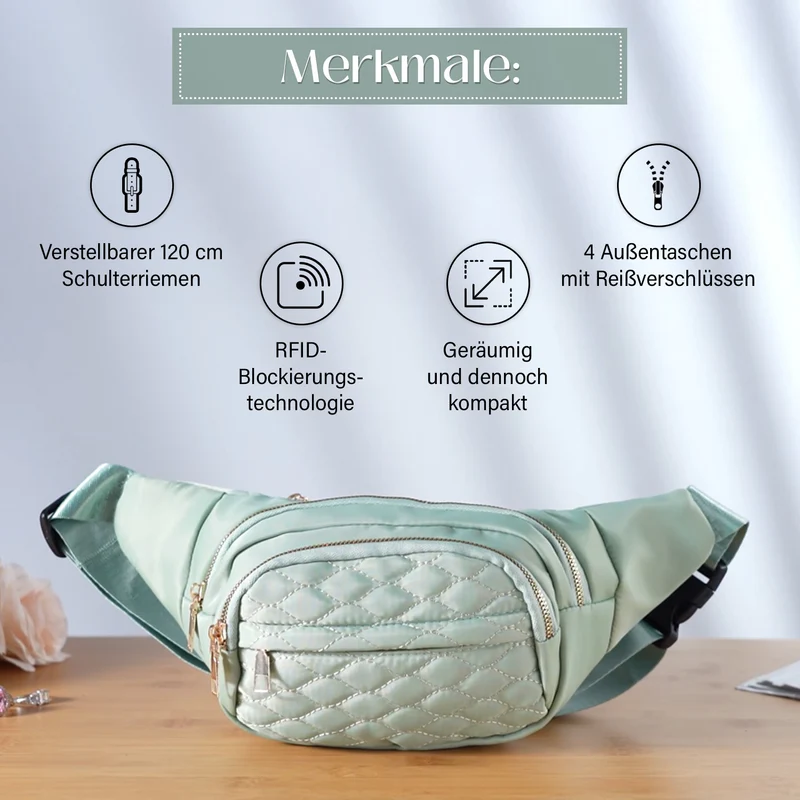 Gesteppte Nylon-Gürteltasche - RFID-Schutz, 4 Außenfächer, verstellbarer Schultergurt, 36?x?4?x13?cm, Grau