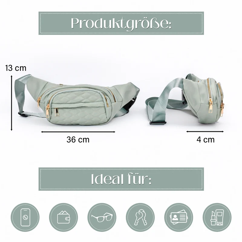 Gesteppte Nylon-Gürteltasche - RFID-Schutz, 4 Außenfächer, verstellbarer Schultergurt, 36?x?4?x13?cm, Grau