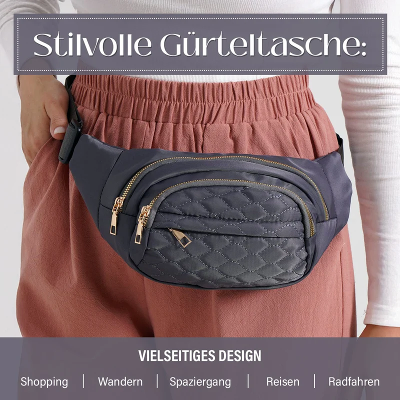 Gesteppte Nylon-Gürteltasche - RFID-Schutz, 4 Außenfächer, verstellbarer Schultergurt, 36?x?4?x13?cm, Grau