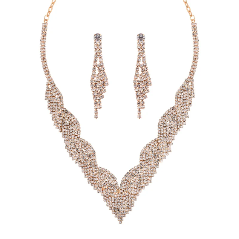 2er Set - Weißer Kristall Halskette und Ohrringe Schmuckset, Messing