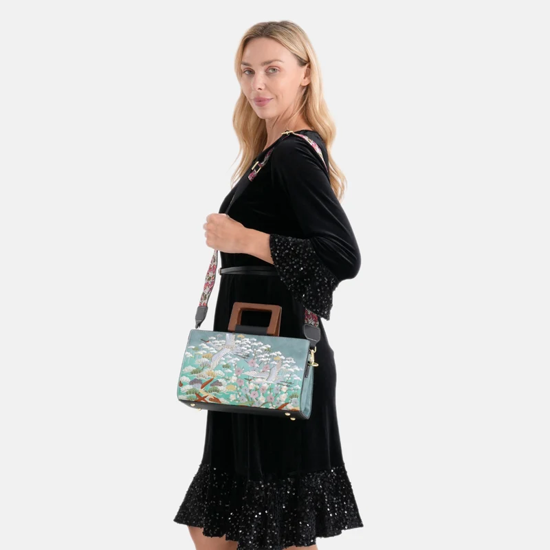 Florale Kunstprint Clutch-Crossbody-Tasche, 30 x 13 x 19 cm, Petrol