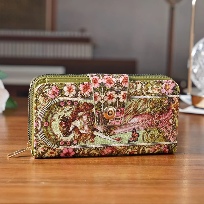 Langbörse mit Alphonse-Mucha-Motiv, 19x4x9 cm, Pink