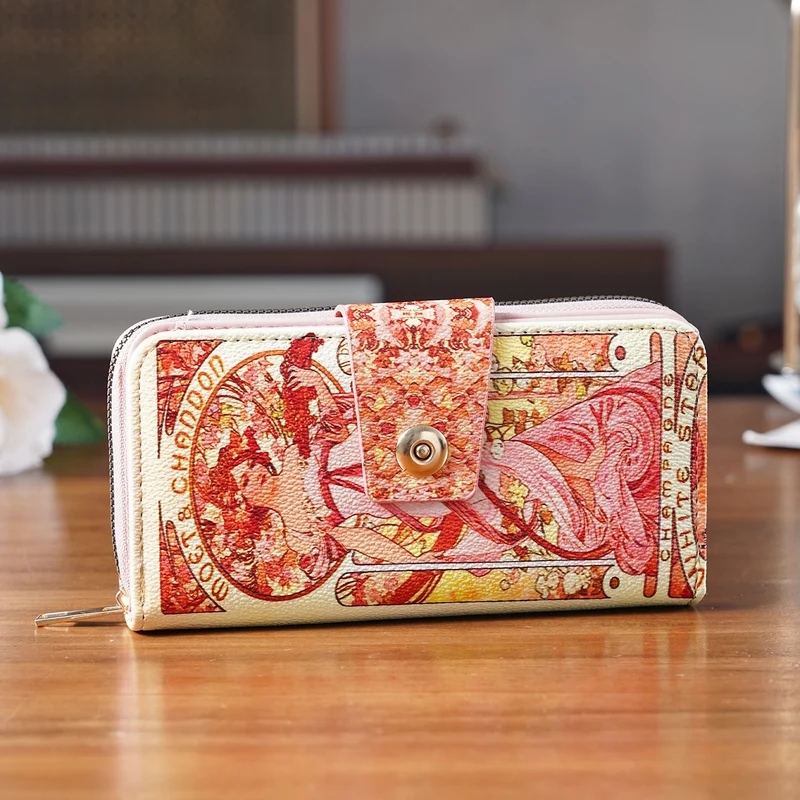 Langbörse mit Alphonse-Mucha-Motiv, 19x4x9 cm, Pink
