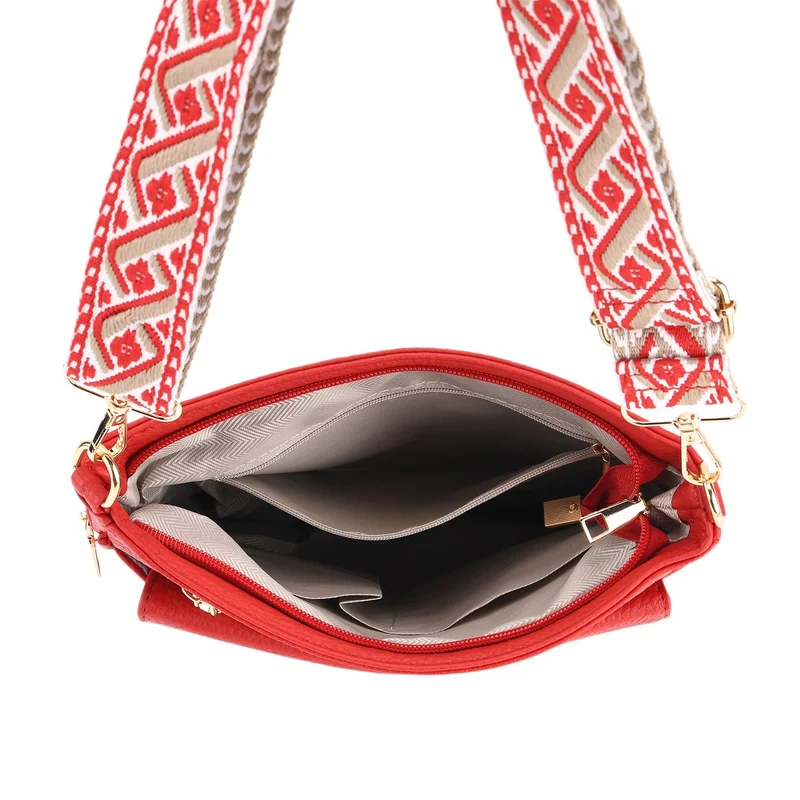 Crossbody-Tasche mit gewebtem Schulterriemen und Reißverschlussfächern, 24x28 cm, Tomatenrot