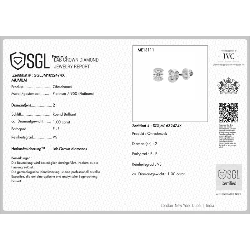 LUXURIANT 1 ct. SGL zertifizierte VS-EF Labor Diamant Ohrringe in 585 Weißgold