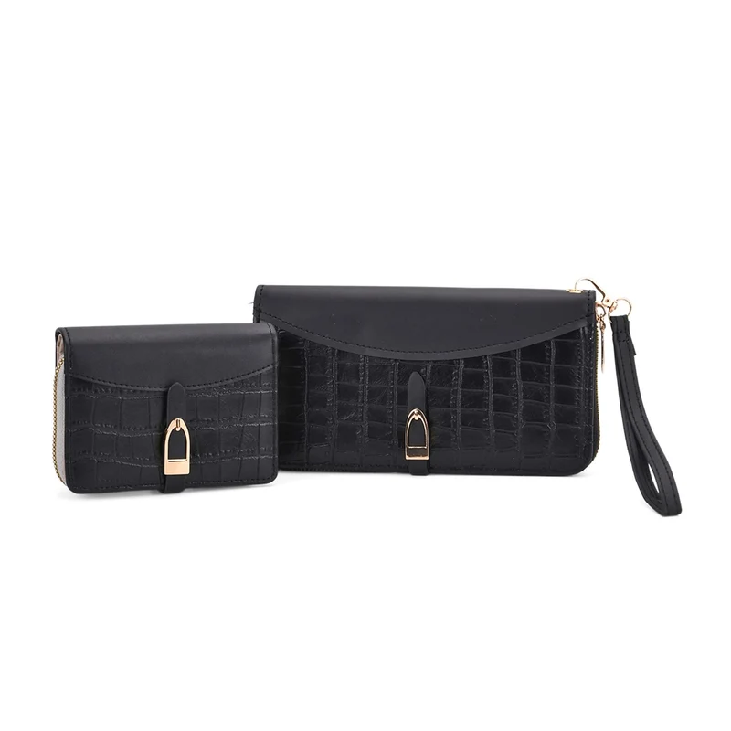2-teiliges Geldbörsen-Set im Krokoprägungs-Design, Lange Geldbörse 20x10x3 cm und Bifold-Geldbörse 12x9x3,5 cm, Schwarz