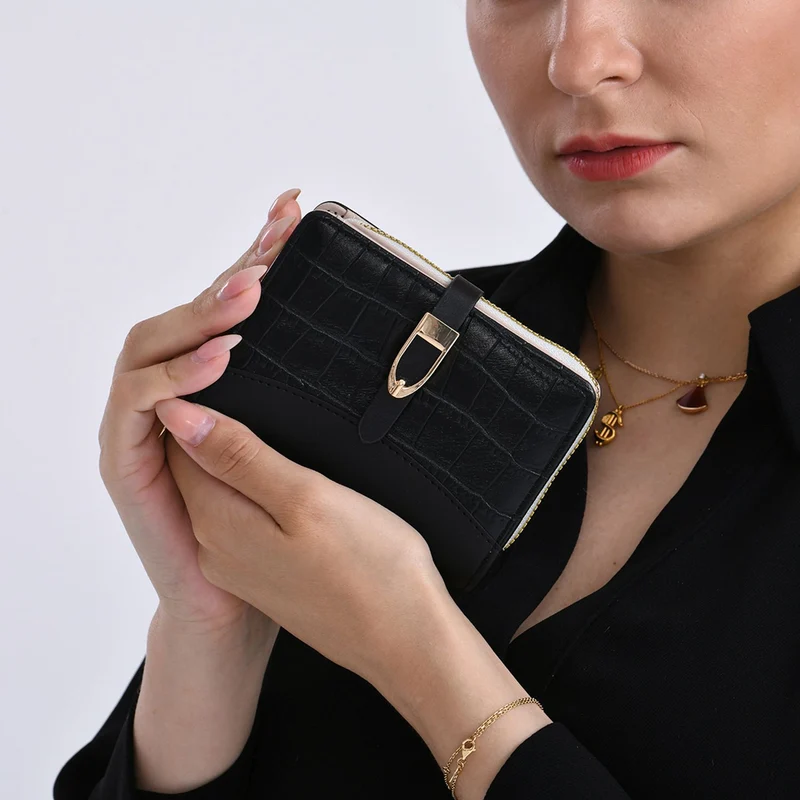 2-teiliges Geldbörsen-Set im Krokoprägungs-Design, Lange Geldbörse 20x10x3 cm und Bifold-Geldbörse 12x9x3,5 cm, Schwarz