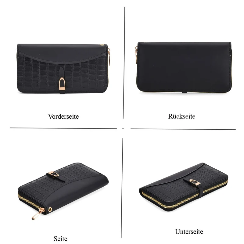 2-teiliges Geldbörsen-Set im Krokoprägungs-Design, Lange Geldbörse 20x10x3 cm und Bifold-Geldbörse 12x9x3,5 cm, Schwarz