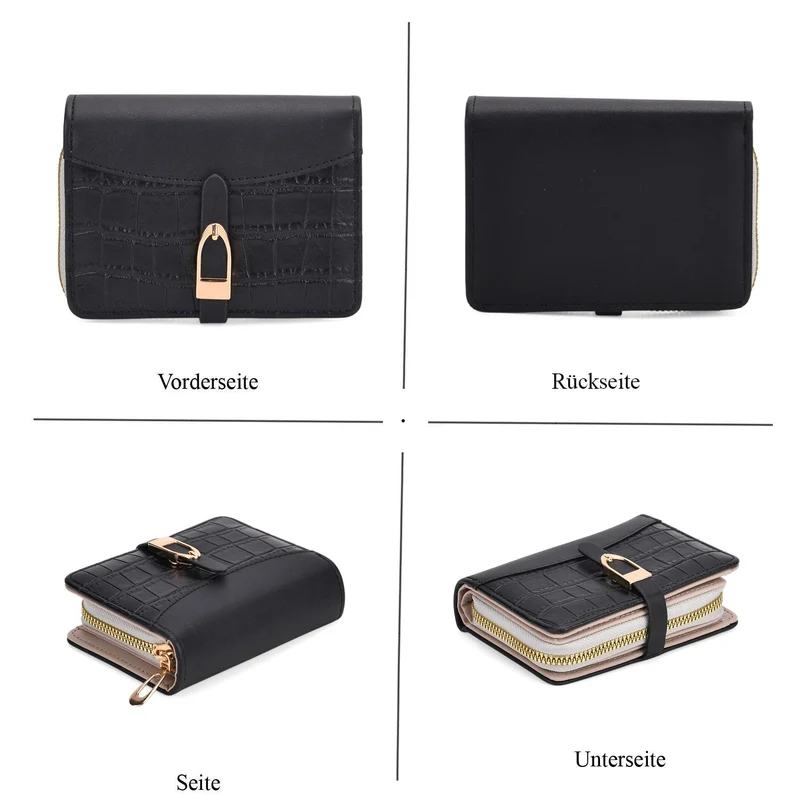 2-teiliges Geldbörsen-Set im Krokoprägungs-Design, Lange Geldbörse 20x10x3 cm und Bifold-Geldbörse 12x9x3,5 cm, Schwarz