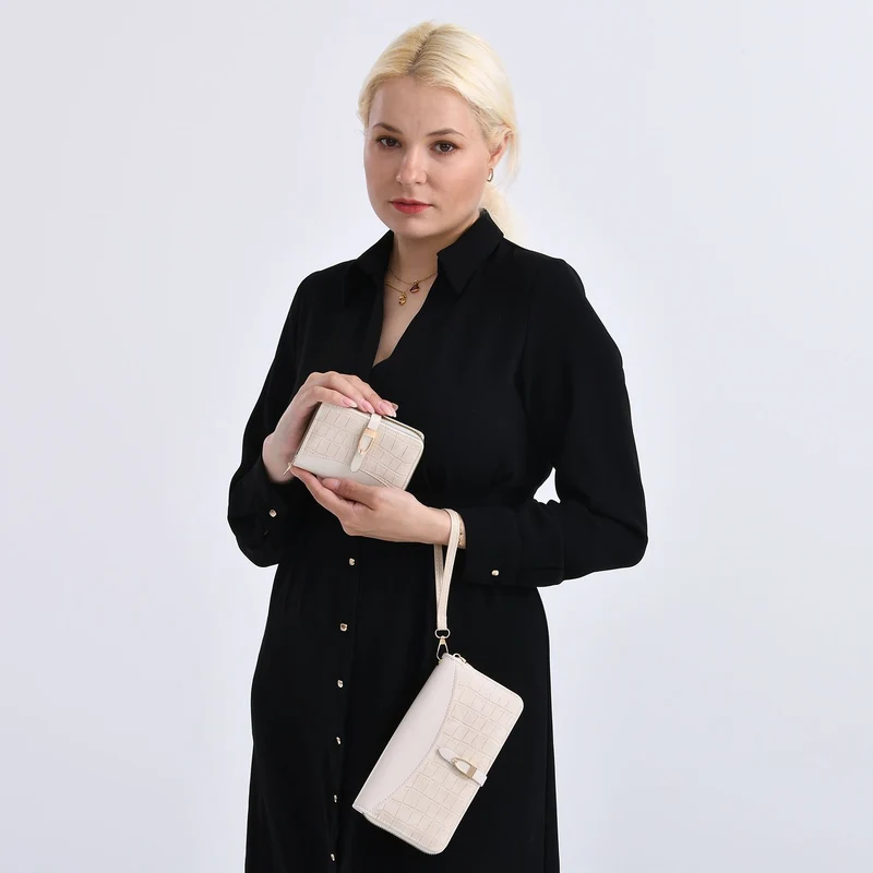 2-teiliges Geldbörsen-Set im Krokoprägungs-Design, Lange Geldbörse 20x10x3 cm und Bifold-Geldbörse 12x9x3,5 cm, Schwarz