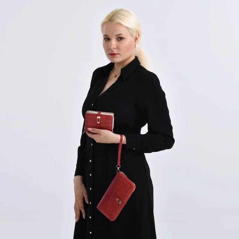 2-teiliges Geldbörsen-Set im Krokoprägungs-Design, Lange Geldbörse 20x10x3 cm und Bifold-Geldbörse 12x9x3,5 cm, Schwarz